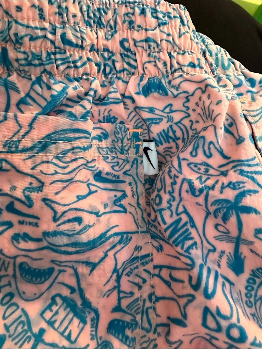 Nike Coral Swim Shorts with Blue Print and Orange Drawstring size XL 3 pockets